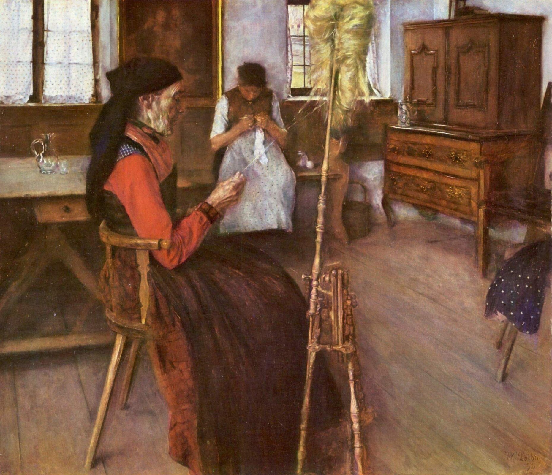 Obraz przedstawia starą kobietę, siedzącą w pokoju, przed nią motek przędzy na kądzieli, czyli długim patyku. Kobieta wyciąga z pęku włókien pasemka i skręca je w nitkę. W tle druga kobieta siedzi na ławie i szydełkuje. W pokoju znajdują się drewniane sprzęty: stół, ława, komoda i dwa krzesła.