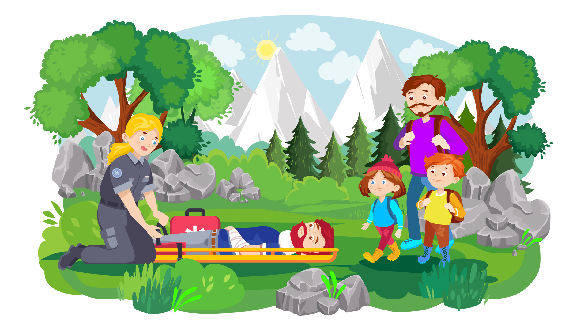 Krajobraz górski. Po lewej stronie, na trawie, na noszach ratowniczych leży poszkodowany – ma rude włosy i brodę, ubrany jest w granatową koszulkę i szare spodnie. Na szyi ma kołnierz ortopedyczny, a jego ręka jest owinięta bandażem. Ratowniczka w blond włosach, ubrana w szary strój, klęczy przy poszkodowanym i przypina jego nogi do noszy. Po prawej stronie stoją Maja i Franek z tatą, wszyscy mają zmartwione miny. W tle widoczne są góry i drzewa.