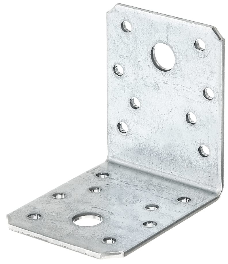 Zdjęcie przedstawia łącznik, czyli element złożony z dwóch prostopadłych metalowych płaszczyzn z otworami.