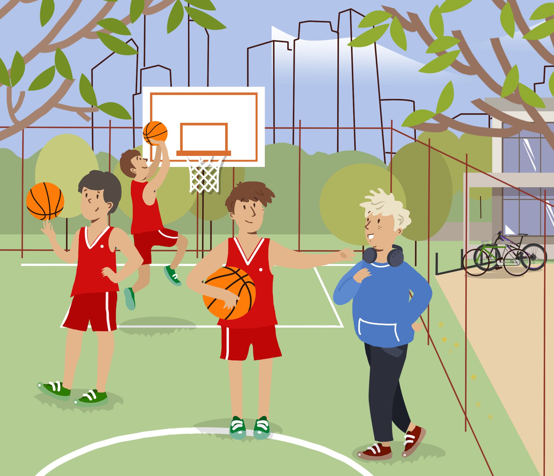 Na ilustracji widoczne jest boisko do koszykówki, na którym grają trzej zawodnicy w strojach sportowych. Każdy z nich trzyma piłkę, a jeden z graczy właśnie oddaje rzut w kierunku kosza. Na boisku znajduje się także chłopak w jeansach i słuchawkach, który obserwuje grę.