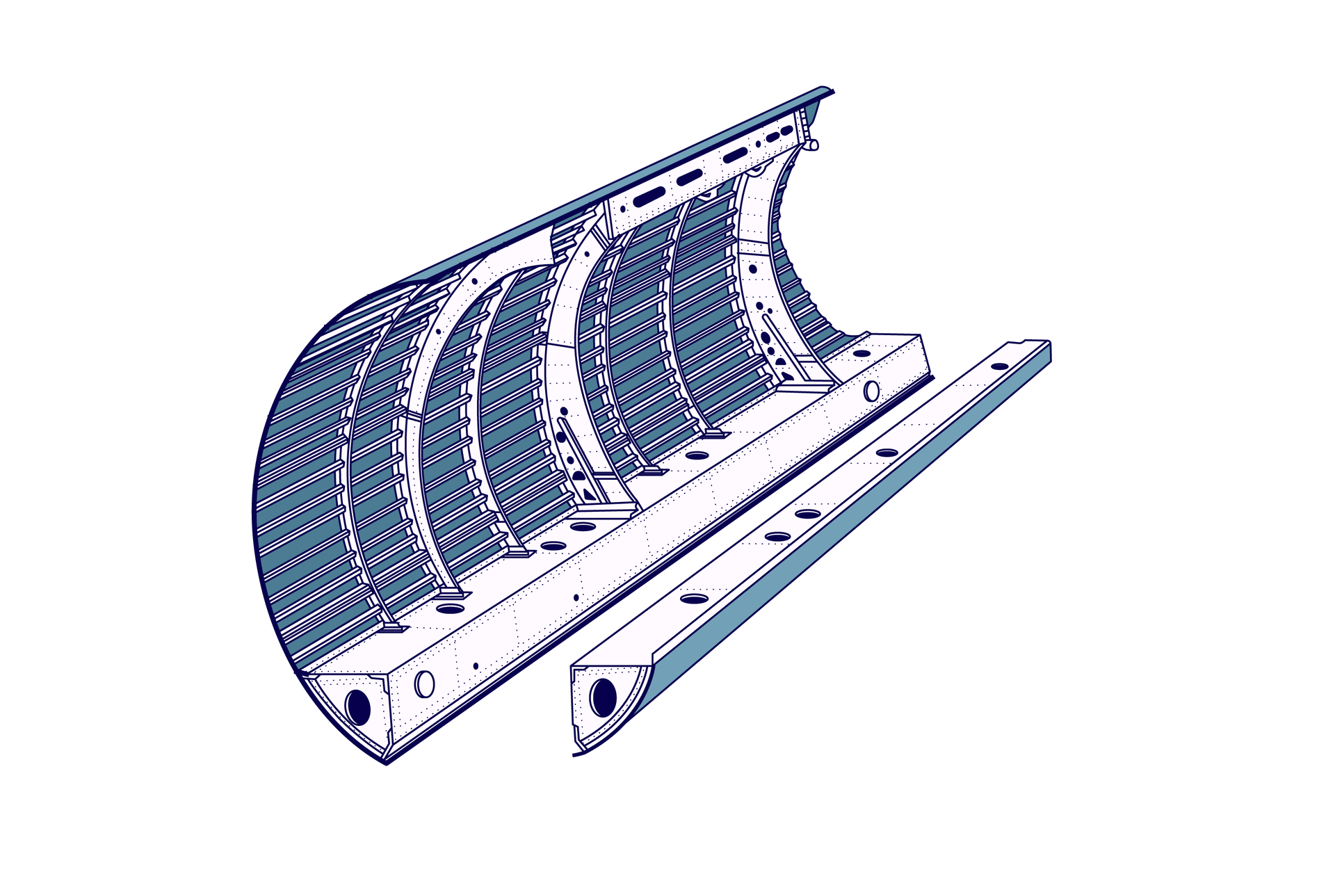 Ilustracja przedstawia konstrukcję belkową kadłuba samolotu. Składa się ona z elementów podłużnych, którymi są dźwigary i podłużnice, oraz elementów poprzecznych, czyli wręgów i pokrycia. Można zauważyć elementy zwane podkładnikami, które zwiększają sztywność i wytrzymałość konstrukcji i służą do mocowania podłogi w kabinie.