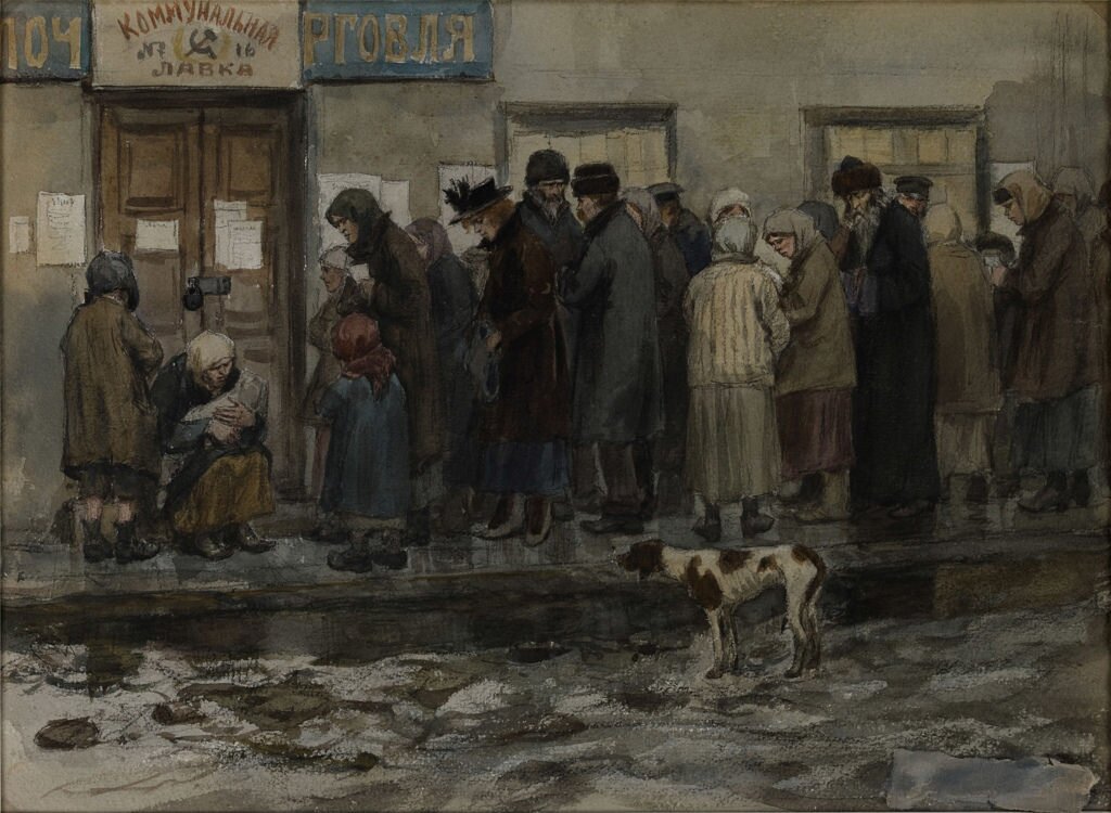 Ilustracja przedstawia grupę ludzi stojących w długiej kolejce do drzwi budynku. Ubrani są porwane ubrania i szmaty, wokoło leży śnieg.