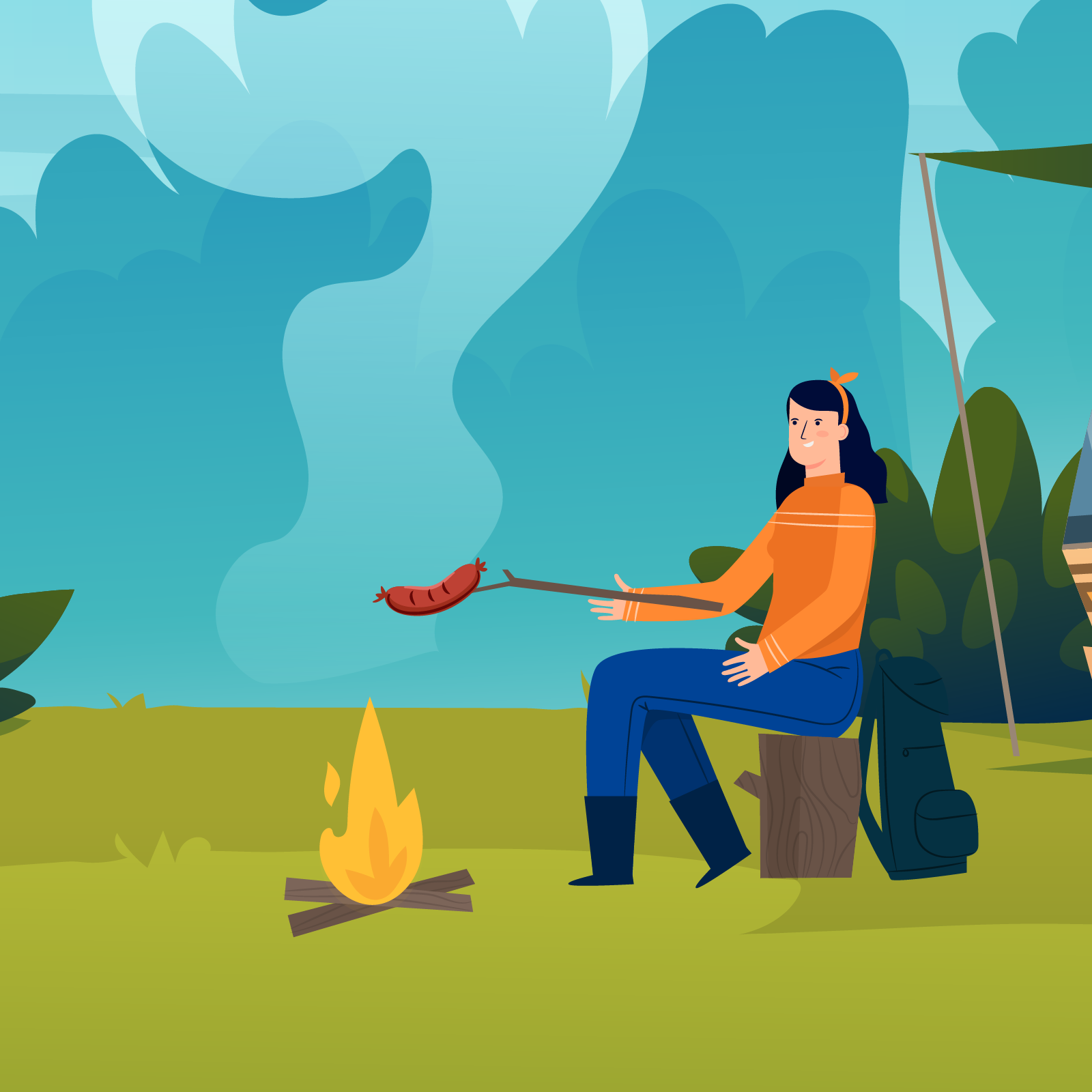 Ilustracja przedstawia kobietę siedzącą przy ognisku, która trzyma w dłoni kiełbasę na kijku. 