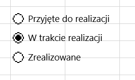 Ilustracja przedstawia komórki arkusza. Tam trzy opcje: przyjęte do realizacji (mały okrąg), w trakcie realizacji (okrąg z czarną kropką w środku), zrealizowane (okrąg).  