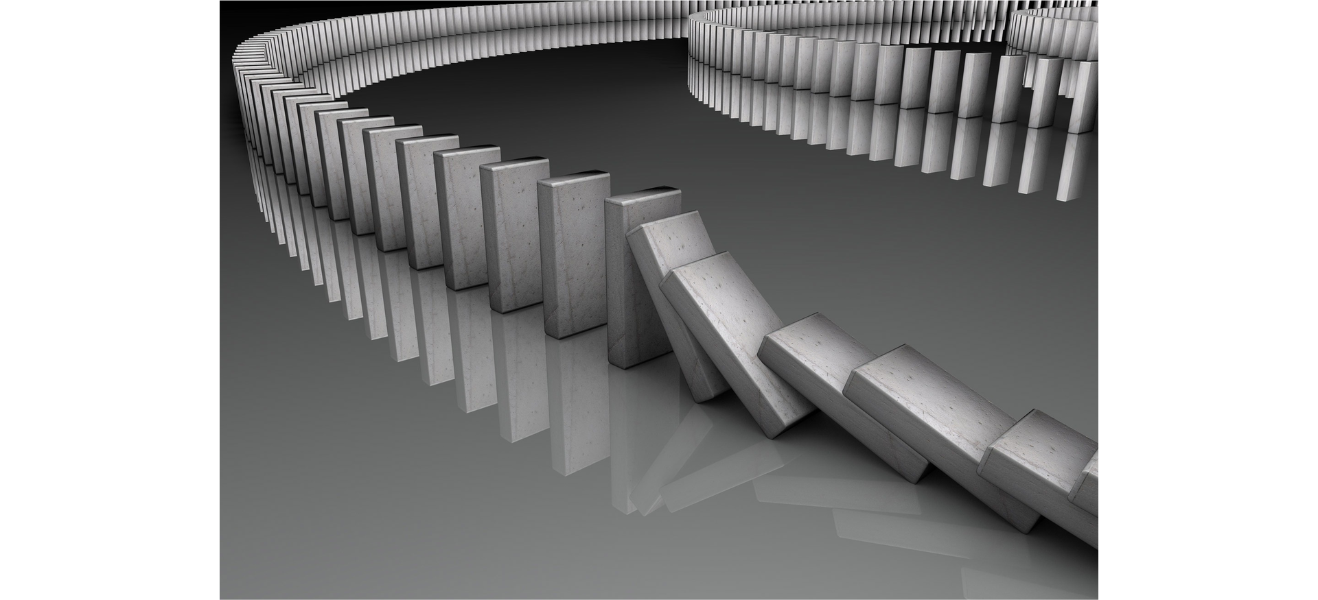 Ilustracja przedstawia przewracajace się klocki domino ułozone w długim rzędzie.