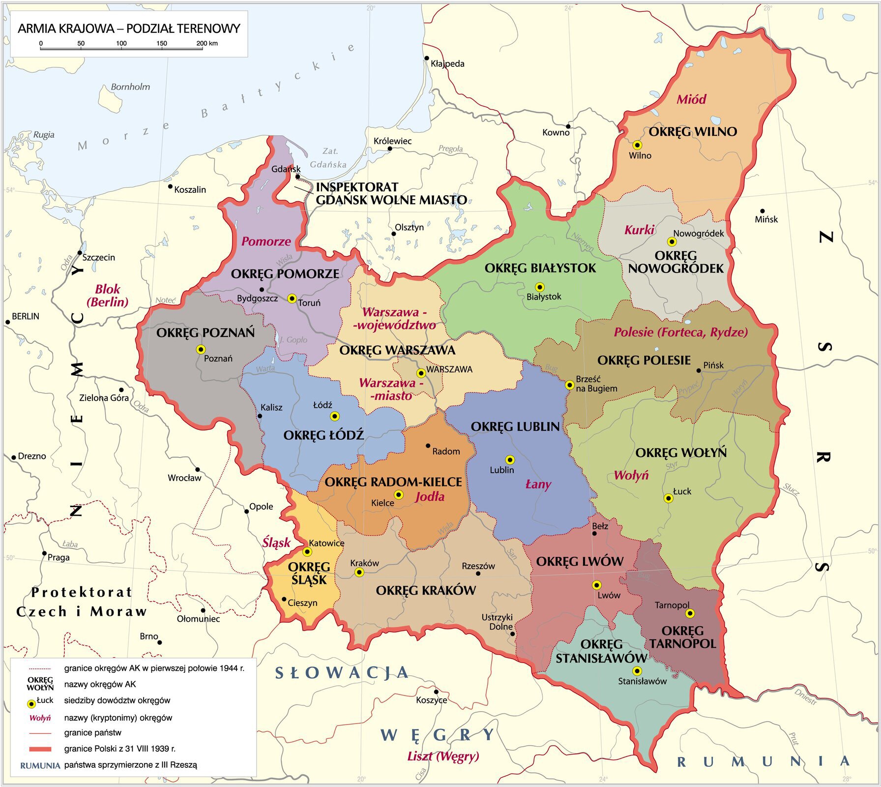 Kliknij, aby powiększyć Mapa: Armia Krajowa - podział terenowy . Narysowany kontur granic II PR z podziałem na okręgi Gdański, Poznań, Łódź, Śląsk, Okręg Warszawski, Radom, Kielce,