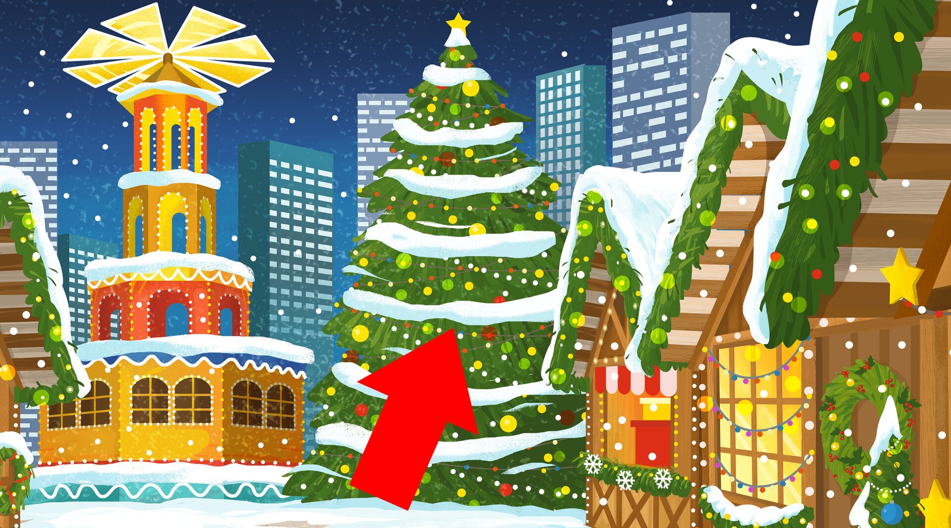 Na ilustracji ukazano choinkę na jarmarku świątecznym.