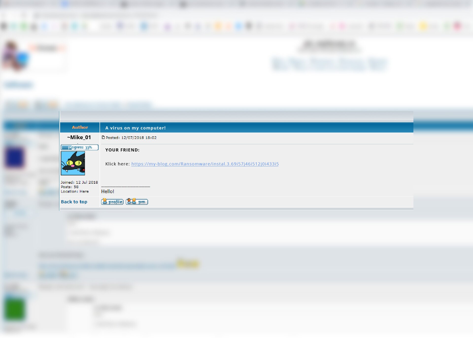 Zdjęcie przedstawia zrzut ekranu komputera, na którym widoczny jest fragment czatu. Na pasku otwartego czatu widoczny jest napis w języku angielskim: A virus on my computer. Po lewej stronie widoczny login oraz awatar użytkownika, a w głównym polu czatu widoczny link do bloga.