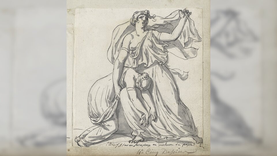 Szkic przedstawia dwie kobiety w antycznych strojach. Jedna z nich, Niobe, stoi, wznosi lewą rękę ku niebu, jej twarz zdaje się wyrażać rozpacz. Kobieta prawą ręką podtrzymuje ciało zmarłej kobiety w długiej szacie. Zmarła kobieta podtrzymywana jest prawym kolanie stojącej Niobe.