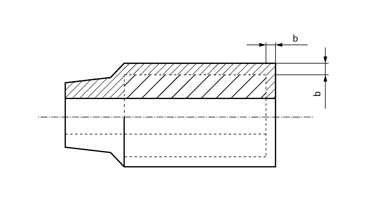 Ilustracja przedstawia rysunek techniczny nadlewki służącej do uchwycenia przedmiotu przy obróbce. Znajduje się na nim kształt składający się od prawej strony z prostokąta, którego dłuższy bok usytuowany jest poziomo, z trapezu równoramiennego przylegającego dłuższą podstawą do lewego, krótszego boku prostokąta oraz kolejnego trapezu równoramiennego, przylegającego dłuższą podstawą do krótszej uprzednio opisanego, środkowego trapezu. W jednej czwartej długości krótszej podstawy środkowego trapezu, idąc od góry, zaznaczono poziomą linię poprowadzoną przez całą figurę. Jest na niej zlokalizowany prostokąt, którego krótszy bok poprowadzony jest do góry od owej linii. Prostokąt ten jest zakreskowany i stanowi formę. Pozostała część znajdująca się nad nim, po jego prawej i lewej stronie w obrębie wspomnianego kształtu złożonego z prostokąta i dwóch trapezów jest zakreskowana liniami. Dzielą mniejsze odstępy. Kształt ten reprezentuje nadlewkę. Zaznaczono grubość nadlewki. Wynosi ona b i stanowi ją odległość pomiędzy dłuższymi bokami małego i dużego prostokąta oraz pomiędzy krótszymi bokami wspomnianych figur