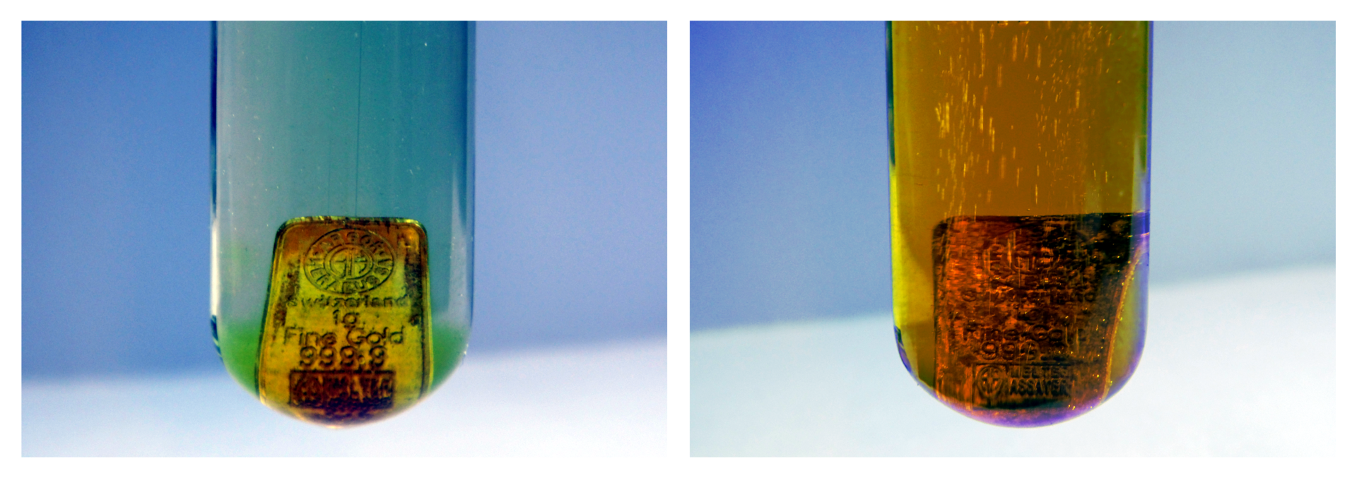 Na zdjęciu dwie probówki, pokazano proces roztwarzania złota w wodzie królewskiej. W pierwszej probówce znajduje się sztabka złota zanurzona w wodzie królewskiej, w drugiej probówce sztabka złota jest już częściowo roztworzona a nad roztworem widoczne brunatny gaz.