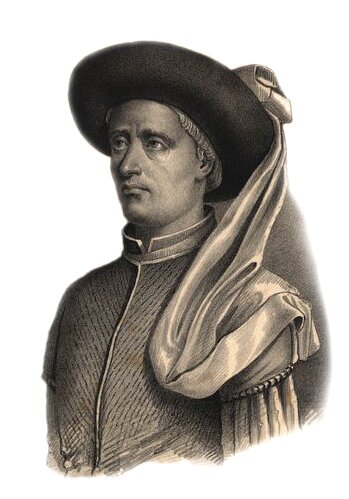 Ilustracja przedstawia portret młodego mężczyzny z wydatnymi ustami, długim nosem i krótko ostrzyżonymi jasnymi włosami, które widać spod okrągłego kapelusza z wydatnym rondem wywiniętym do góry. Do wierzchołka kapelusza przyczepiona jest szarfa opadająca na ramię. Mężczyzna ubrany jest w uniform z wąskim, postawionym kołnierzem przypominającym stójkę.