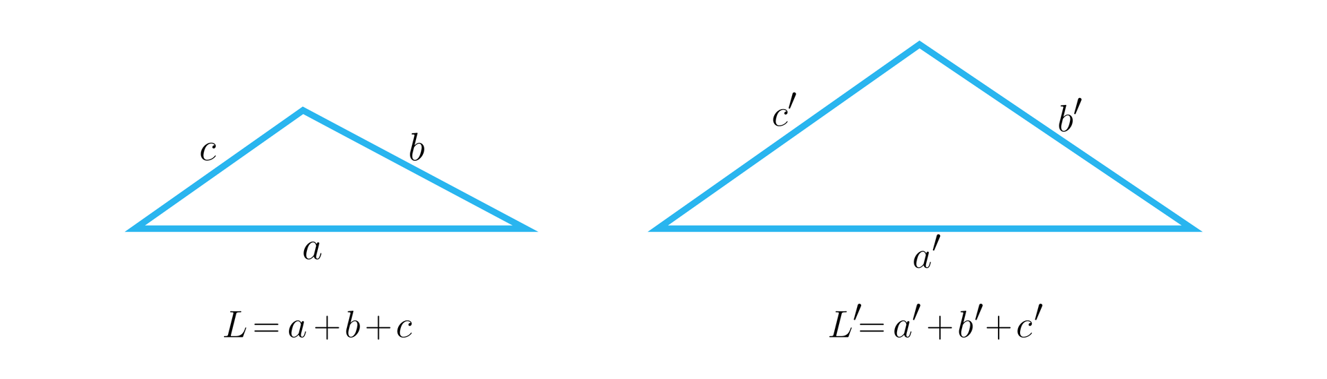 Ilustracja przedstawia dwa trójkąty. Pierwszy o bokach a b oraz c. Obwód pierwszego trójkąta  zapisano równaniem L=a+b+c. Drugi o bokach a prim b prim c prim. Obwód drugiego trójkąta zapisano równaniem L=a'+b'+c'