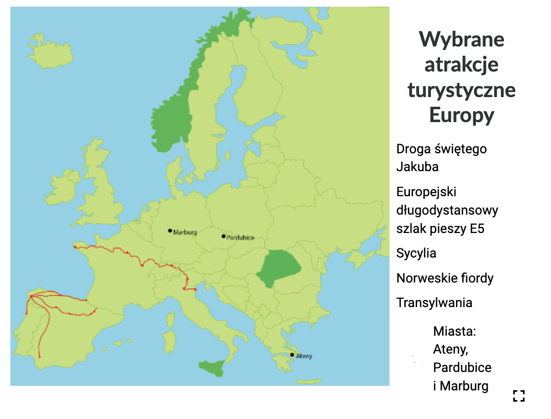 Grafika przedstawia widok interaktywnej mapy Europy. Widoczna jest zielona mapa Polski z zaznaczonymi obszarami, szlakami i miastami. Po prawej stronie znajduje się menu boczne mapy.