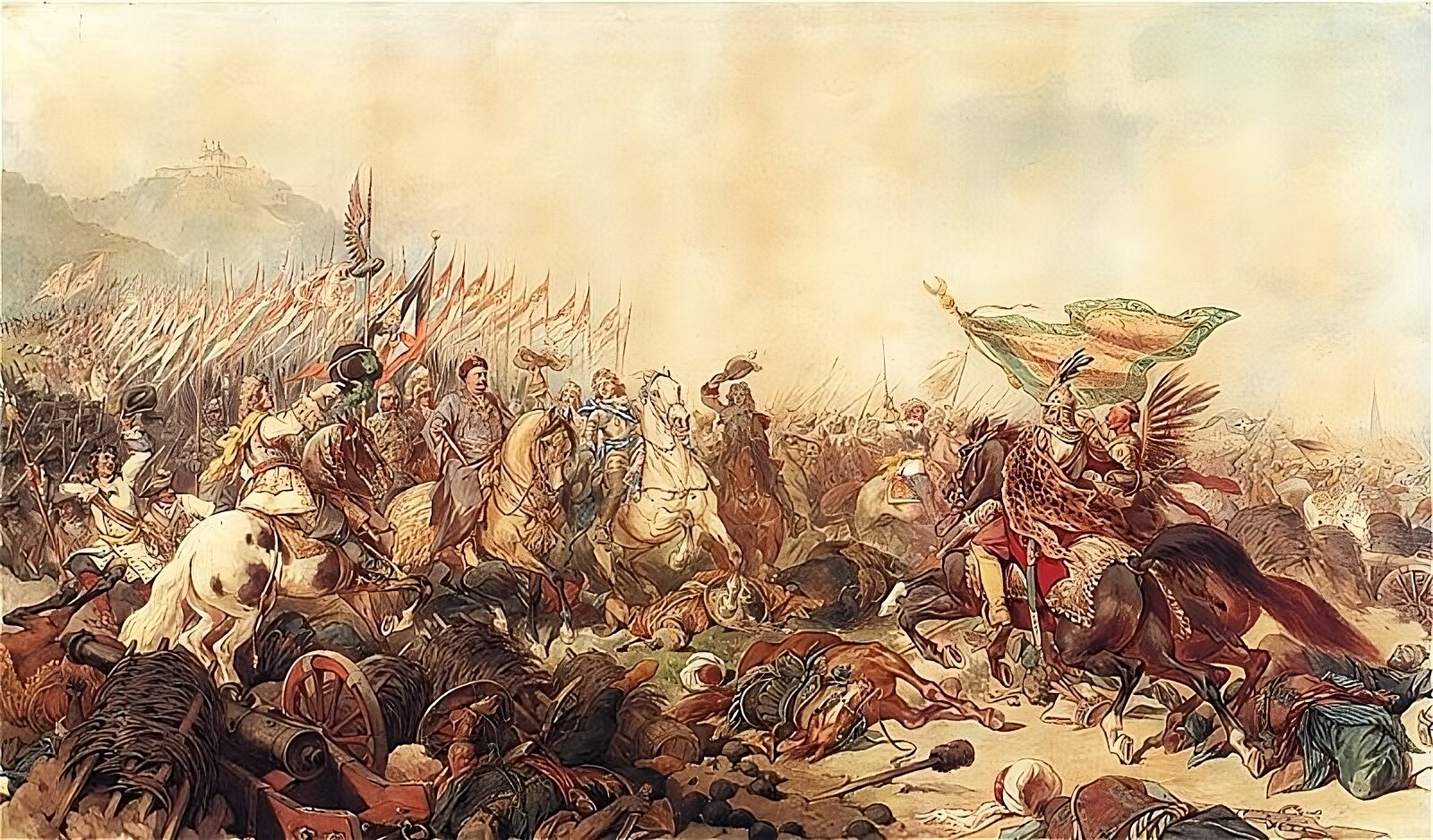 Na obrazie, z prawej strony, nadciągają dwaj polscy husarze, z których jeden trzyma w dłoniach turecką chorągiew. W centrum obrazu zebrała się grupa dowódców wojsk sprzymierzonych z Janem III Sobieskim na czele. Po jego prawej stronie widoczny jest książę Eugeniusz Sabaudzki, dowodzący wojskami austriackimi. Ściągnął kapelusz i wiwatuje na cześć zwycięskich wojsk. Po lewej stronie do Sobieskiego podjeżdża dowodzący wojskami niemieckimi książę Karol Lotaryński wraz z innymi niemieckimi dowódcami. Na drugim planie widoczny jest las kopii chorągwi husarskich. W tyle, jakby za mgłą, rysują się wzgórza Lasu Wiedeńskiego z Kahlenbergiem na czele. Nad panoramą bitwy góruje znajdujący się tam kościół św. Józefa. Na pierwszym planie zaś jest bitewne pobojowisko z trupami ludzi i koni, porzuconymi armatami i bronią oraz resztkami umocnień. 