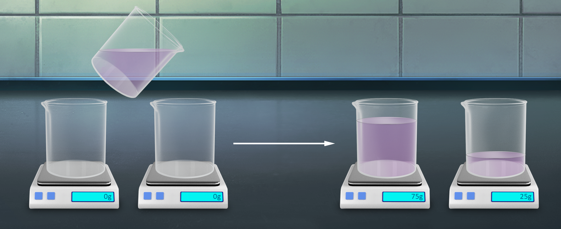 Ilustracja przedstawiająca dwie puste zlewki stojące na wytarowanych wagach po lewej stronie, nad nimi pełna zlewka roztworu. Strzałka w prawo, po rozlaniu roztworu w pierwszej zlewce znajduje się 75 gramów roztworu, a w drugiej 25.