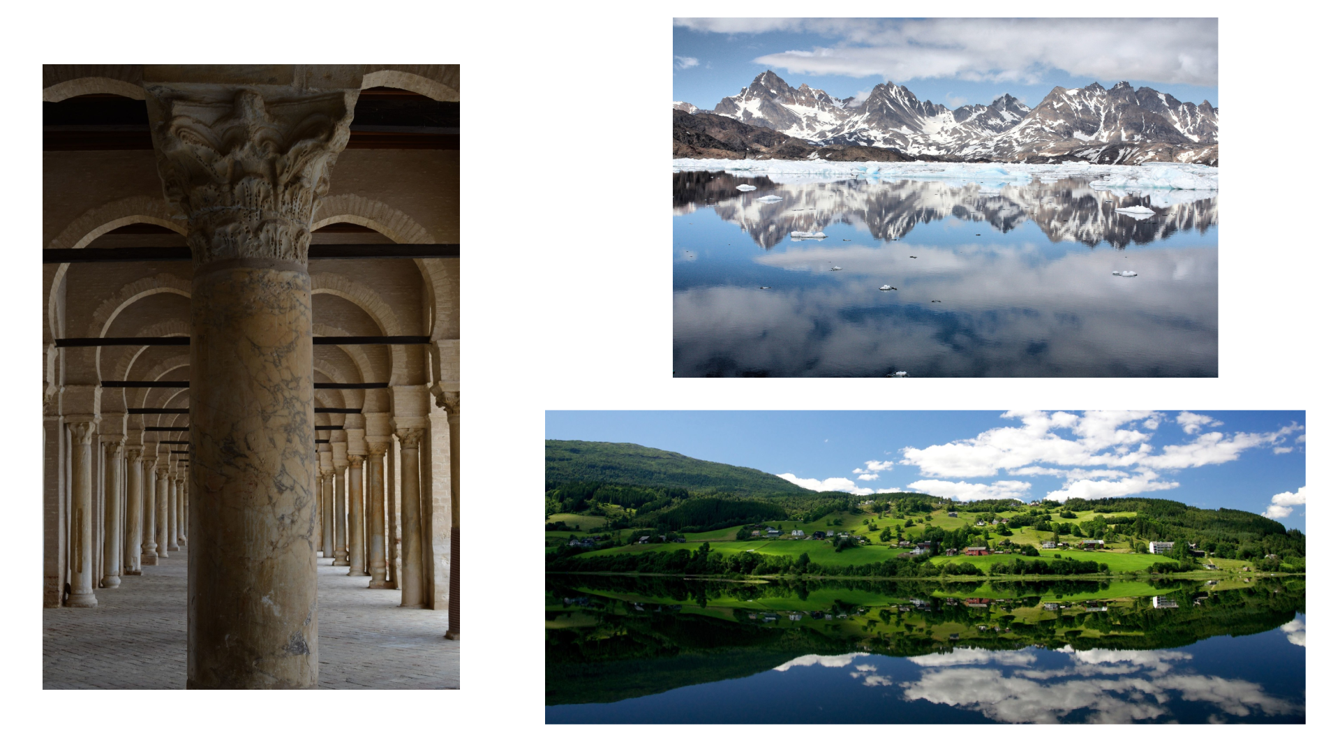 Trzy zdjęcia przedstawiające symetrię. Trzy zdjęcia przedstawiające symetrię. Kolumna na środku, po obu stronach której znajdują się równomiernie rozmieszczone mniejsze kolumny, krajobraz górski odbijający się w tafli wody, krajobraz nizinny odbijający się w tafli wody.