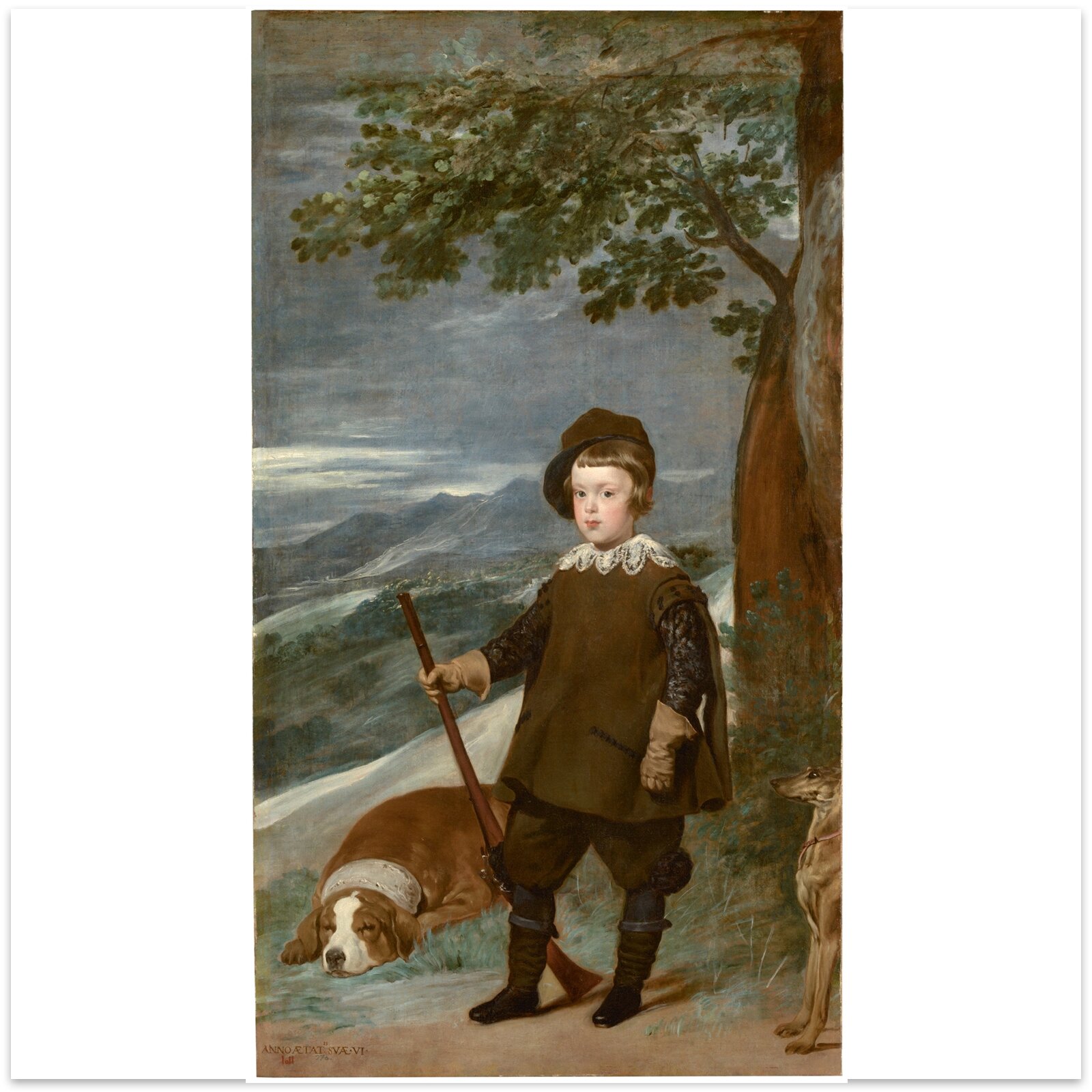 Na obrazie przedstawiono chłopca trzymającego strzelbę opartą o ziemię. Obok niego widoczne są dwa psy - śpiący i siedzący. Obok nich po prawej stronie znajduje się drzewo. W tle widoczne są góry i tereny zielone. Na obrazie dominują jasne kolory, głównie brązowy i zielony.