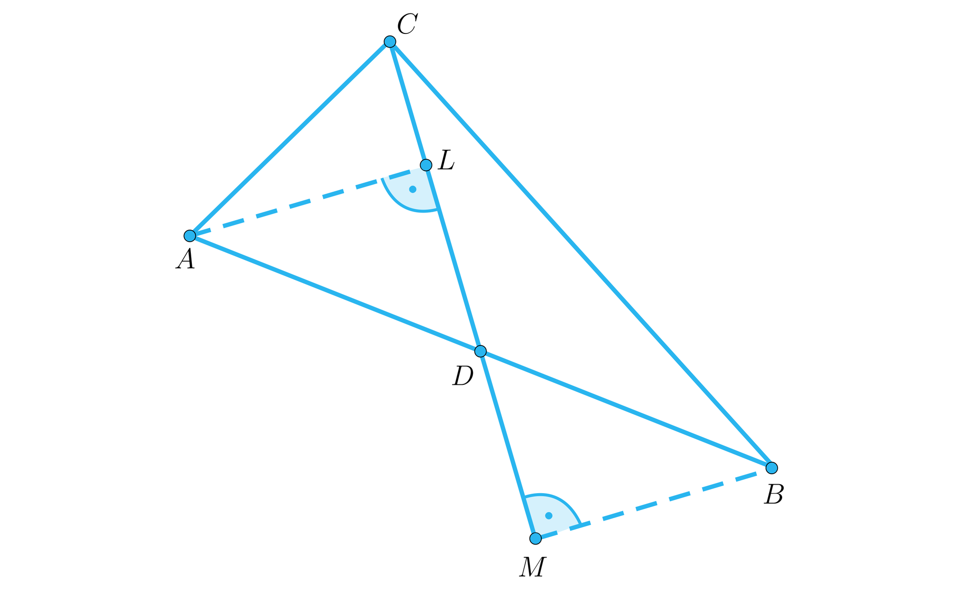 Na ilustracji przedstawiono trójkąt ABC. Na boku AB zaznaczono punkt D. Zaznaczono także punkt M, taki że prosta CM przechodząca przez punkt D, jest prostopadła do odcinka MB, zaznaczonego linią przerywaną. Z wierzchołka A poprowadzono odcinek prostopadły do prostej CM, w punkcie L.