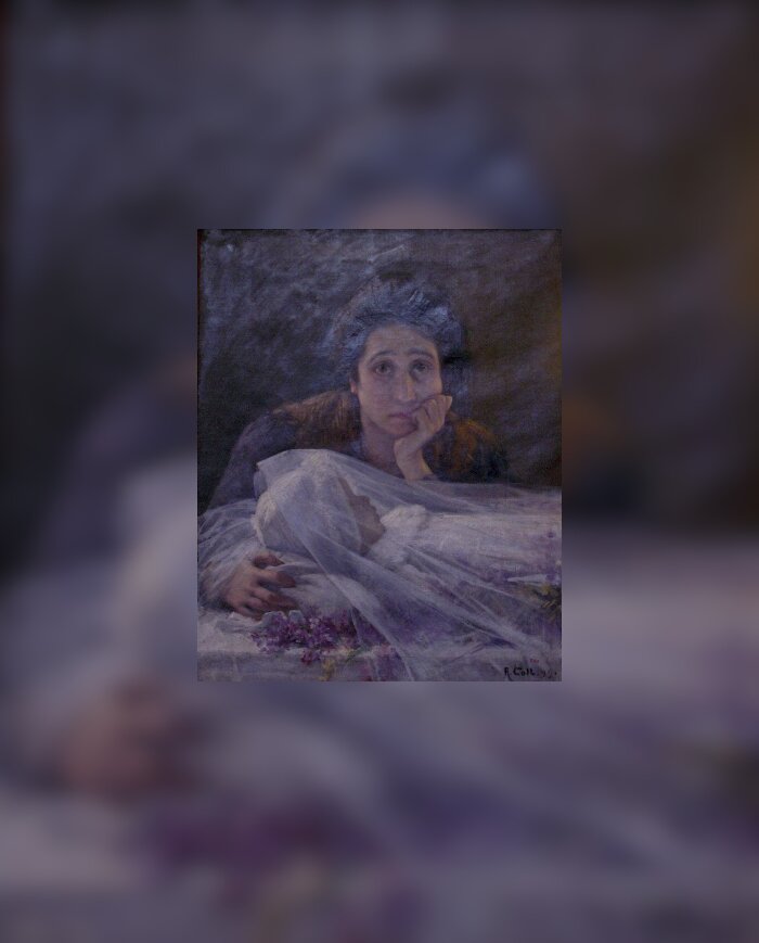 Obraz przedstawia dojrzałą kobietę czuwającą nad ciałem zmarłego dziecka. Kobieta ma szpakowate włosy, duże oczy, wydatny nos. Opiera głowę na lewej ręce. Patrzy się przed siebie. Prawą ręką obejmuje poduszkę, na której leży głowa dziecka. Dziecko jest małe, ubrane w białą koszulkę i czepek. Leży przykryte białym całunem prawym profilem do widza. Wokół niego leżą kwiaty. 