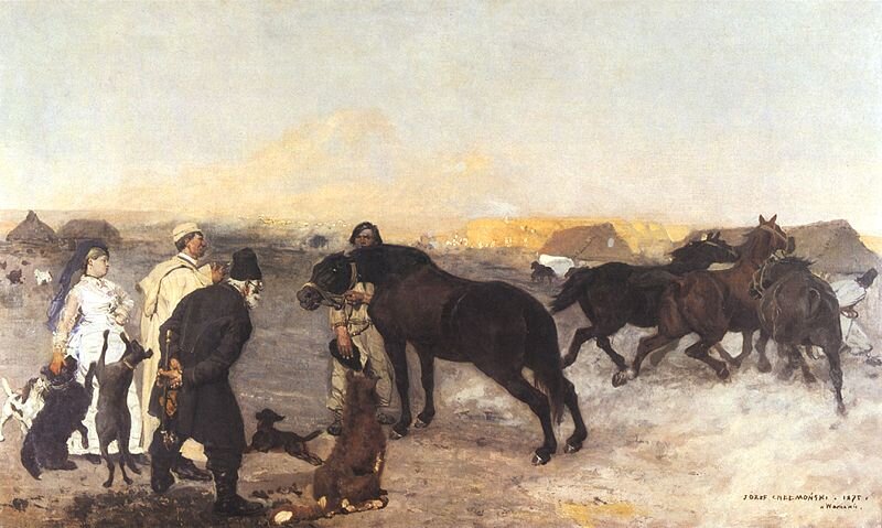 Obraz przedstawia scenę na folwarku. Na pierwszym planie znajduje się mężczyzna w lnianej koszuli i spodniach, który trzyma konia. Naprzeciwko niego stoi zgarbiony starszy, elegancki pan. Jest ubrany w czarny surdut i spodnie w tym samym kolorze. Na nogach ma czarne buty i okrycie tej samej barwy na głowie. Trzyma on ręce złożone z tyłu. Obok niego siedzi ciemnobrązowy pies. Po lewej stronie starszego pana stoi młody mężczyzna w długim jasnym płaszczu i w okryciu na głowie tego samego koloru. Na nogach ma czarne buty. Za mężczyzną znajduje się kobieta w jasnej eleganckiej sukience. Jej głowę zdobi granatowa woalka. Głaszcze ona jednego ze skaczących psów o czarnej sierści. Trochę dalej, po prawej stronie stajenny prowadzi galopujące konie. Głowę zdobi czarna czapka. Jest ubrany w biały płaszcz. Na dalszym planie są zabudowania. W tle są widoczne chaty.