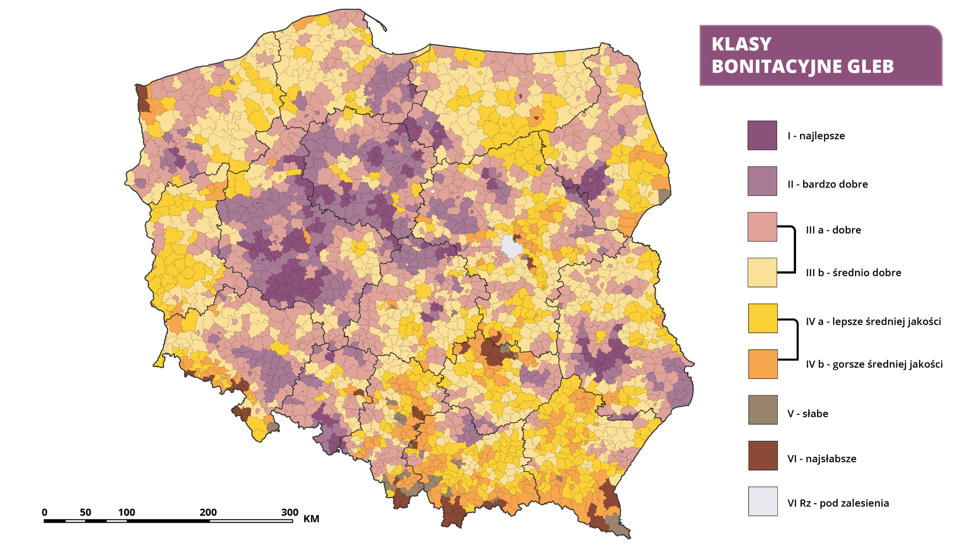 Mapa Polski przedstawia klasy bonitacyjne gleb. Gleb o najwyższej urodzajności jest na mapie niewiele. Zajmują około 1-2 procent powierzchni. Występują na Wyżynie Lubelskiej w okolicach Chełmna i Kielecko-Sandomierskiej, na przedpolu Karpat i Sudetów (głównie w pięciu płatach: hrubieszowskim, sandomierskim, proszowickim, przemyskim i głubczyckim), na Wyżynie Małopolskiej – Płaskowyż Proszowicki (koło Krakowa) i na Płaskowyżu Głubczyckim (opolskie). Bardzo dobre ziemie klasy drugiej występują w powiecie żywieckim na Śląsku, w powiecie krośnieńskim w województwie podkarpackim. Słabe ziemie - klasy piątej i najsłabsze ziemie, klasy szóstej, występują w województwach kujawsko-pomorskim i wielkopolskim.