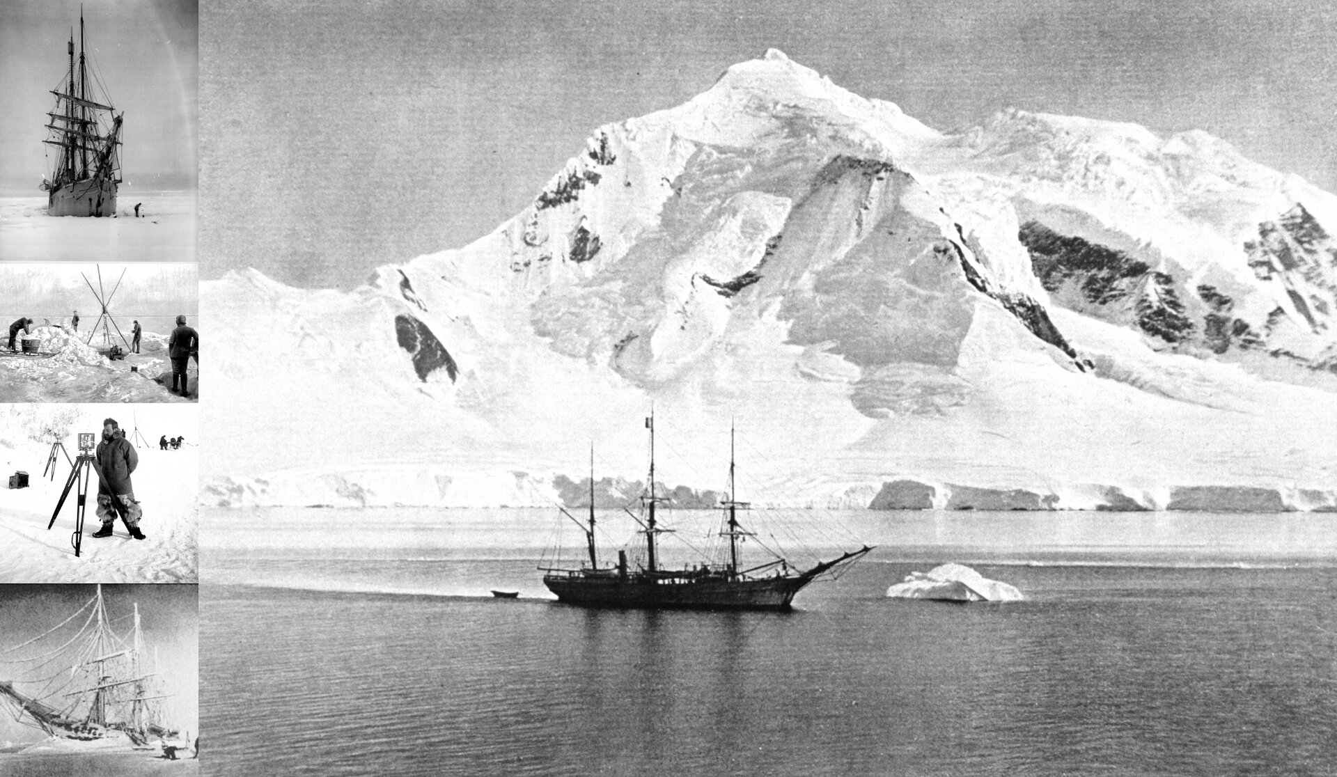 Czarno‑biała fotografia prezentuje trójmasztowy statek płynący po morzu, na tle białych, ośnieżonych gór. W lewej stronie zdjęcia widnieją cztery, niewielkie, czarno‑białe fotografie: okrętu na lodzie, mężczyzn rozbijających namiot, mężczyzny z aparatem i ruin łodzi.
