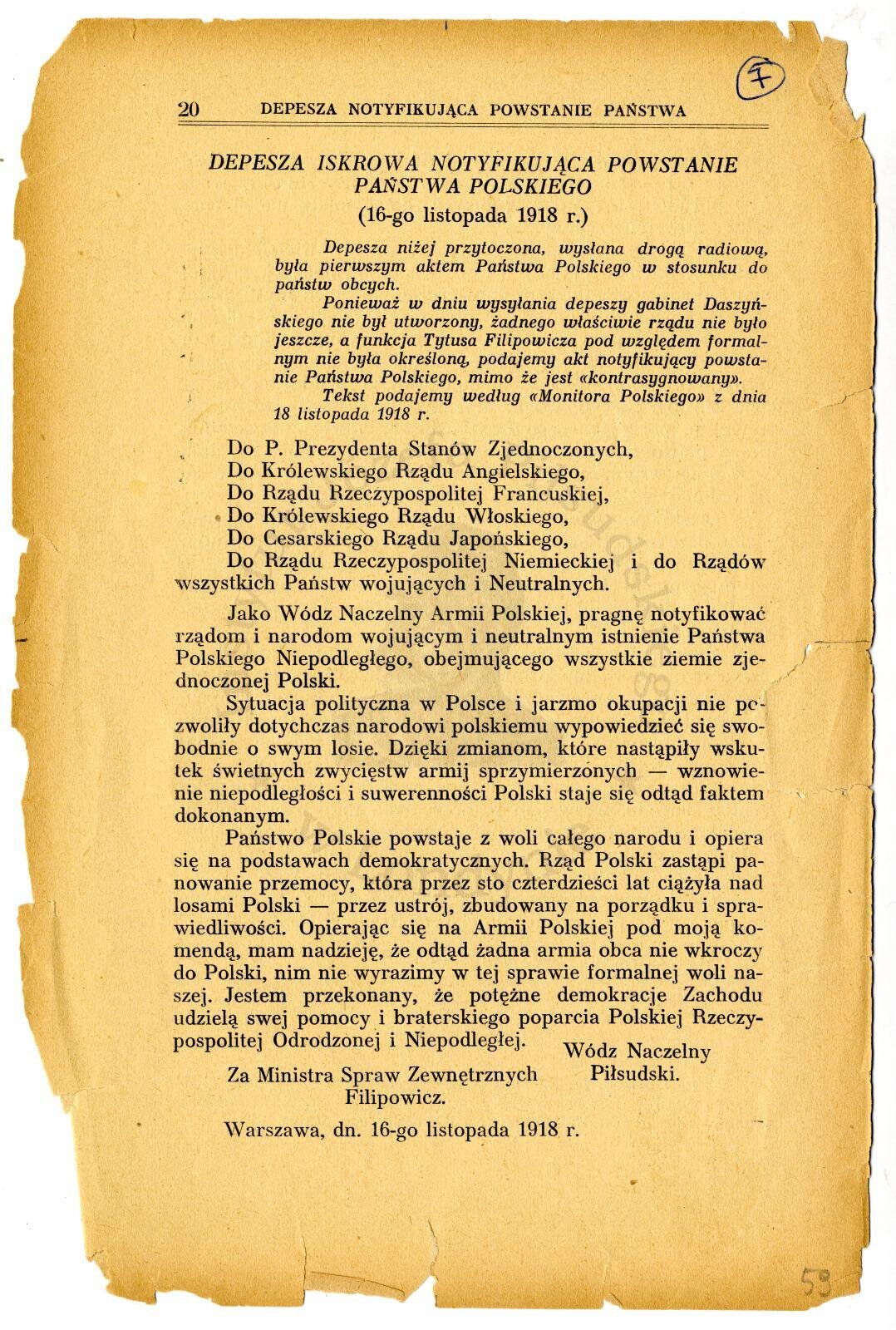 Zdjęcie przedstawia tekst depeszy, w której Wódz naczelny Józef Piłsudski informował 16 listopada 1918 roku rządy i narody  o istnieniu niepodległej Polski.