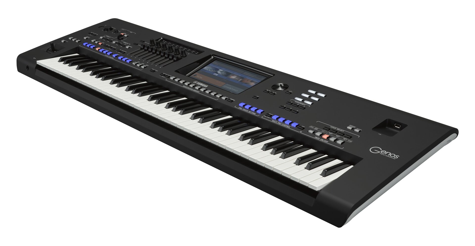 Ilustracja przedstawia profesjonalny keyboard Yamaha Genosa – elektroniczny instrument klawiszowy, pozwalający wykonawcy na grę z automatycznym akompaniamentem. Nad 6 oktawową klawiaturą: wyświetlacz, przyciski i suwaki. Ten panel sterujący zajmuje więcej miejsca niż klawiatura.