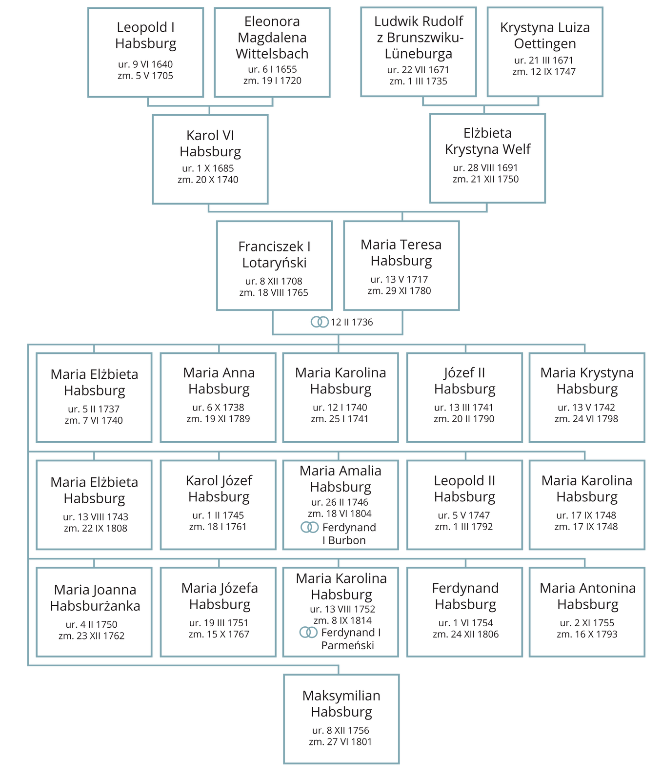 Drzewo genealogiczne. Maria Teresa Habsburg (urodzona 13 maja 1717, zmarła 29 listopada 1780 roku) była córką Karola VI Habsburga i Elżbiety Krystyny Welf. Jej dziadkami ze strony ojca byli Leopold I Habsburg i Eleonora Magdalena Wittelsbach, ze strony matki Ludwik Rudolf z Brunszwiku‑Lűneburga i Krystyna Luiza Oettingen. Mężem Marii Teresy Habsburg został 12 lutego 1736 roku Franciszek I Lotaryński (urodzony 8 grudnia 1708, zmarły 18 sierpnia 1765 roku). Z ich związku urodziło się szesnaścioro dzieci: Maria Elżbieta Habsburg (1737‑1740), Maria Anna Habsburg (1738‑1789), Maria Karolina Habsburg (1740‑1741), Józef II Habsburg (1741‑1790), Maria Krystyna Habsburg (1742‑1798), Maria Elżbieta Habsburg (1743‑1808), Karol Józef Habsburg (1745‑1761), Maria Amalia Habsburg 1746‑1804, zamężna z Ferdynandem I Burbonem), Leopold II Habsburg (1747‑1792), Maria Karolina Habsburg (1748‑1748), Maria Joanna Habsburżanka (1750‑1762), Maria Józefa Habsburg (1751‑1767), Maria Karolina Habsburg (1752‑1814, zamężna z Ferdynandem I Parmeńskim), Ferdynand Habsburg (1754‑1806), Maria Antonina Habsburg (1755‑1793), Maksymilian Habsburg (1756‑1801).