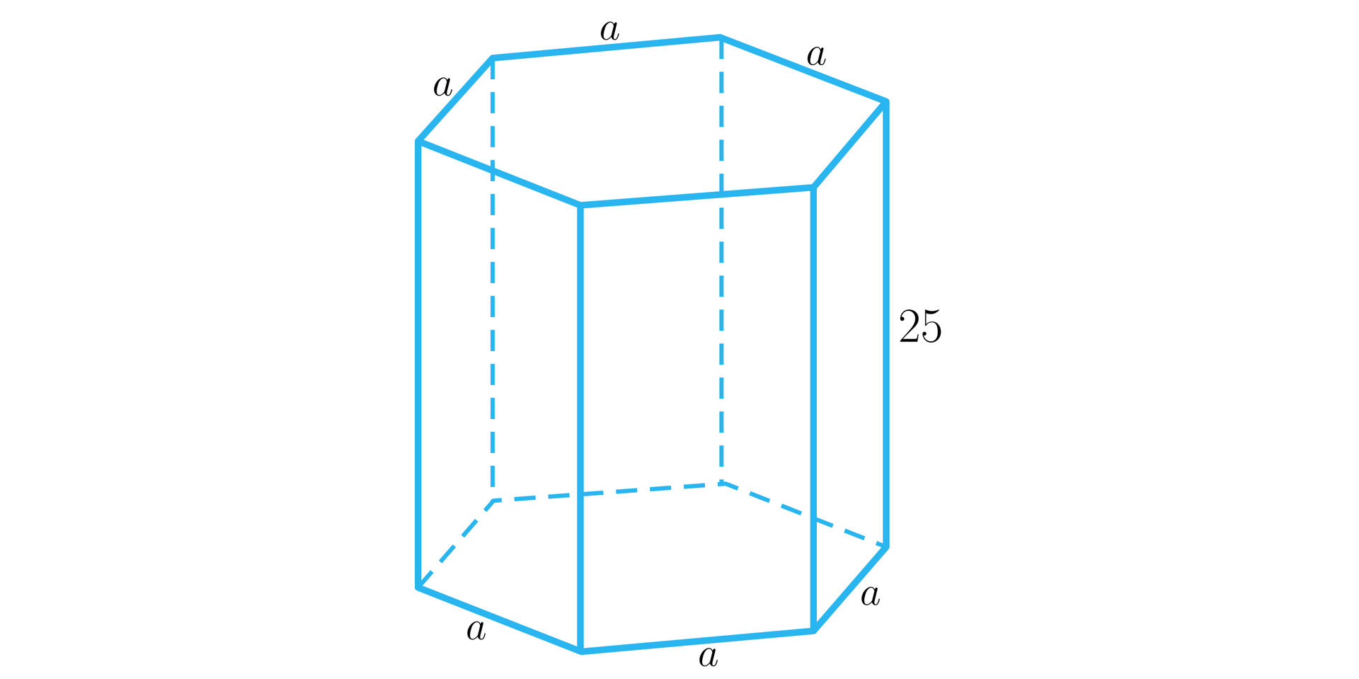 Grafika przedstawia graniastosłup prawidłowy sześciokątny. Krawędź boczna ma długość 25. Każda krawędź podstawy jest podpisana literą a.