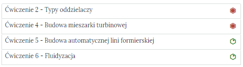 Na zdjęciu przestawiono filtrowanie listy ćwiczeń po poziomach trudności.Pole z ćwiczeniami zbudowane jest z kolejnego numeru ćwiczennia, tytułu ćwiczenia oraz oznaczenia poziomu trudności. Na zdjęciu znajdują się cztery przefiltrowane pola z ćwiczeniami w kolejności od najtrudniejszego do najprostszego. Przykładowa kolejność: ćwiczenie dwa - typy oddzielaczy najwyższy stopień trudności, ćwiczennie cztery - budowa mieszarki turbinowej najwyższy stopień trudności, ćwiczenie pięć - budowa automatycznej linii formierskiej ćwiczenie najprostsze, ćwiczenie sześć - fluidyzacja ćwiczenie najprostsze.  