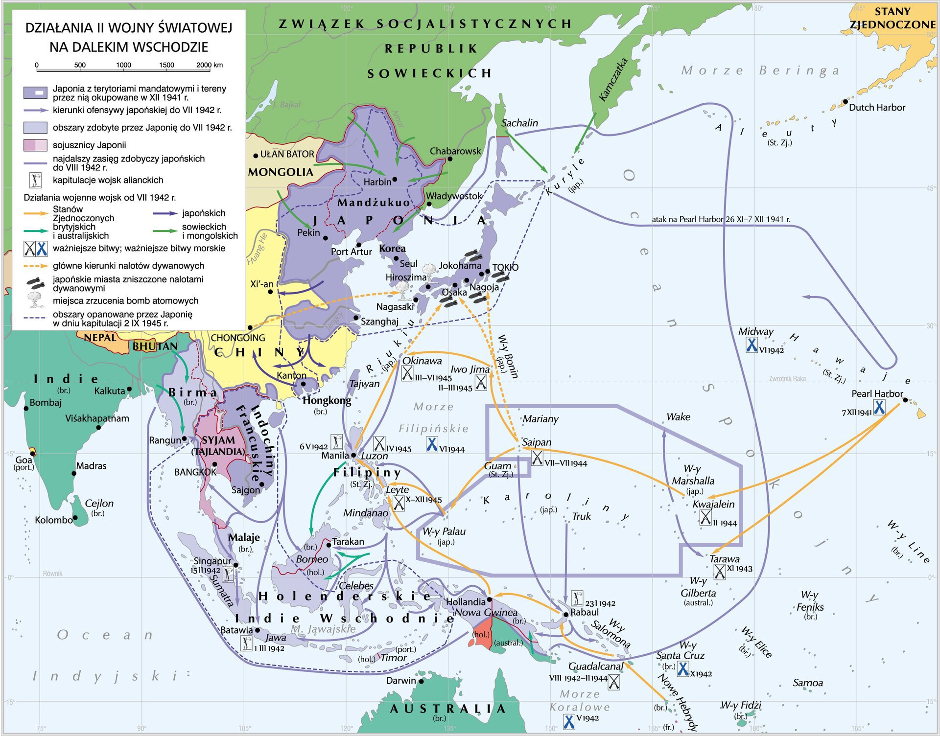 Kliknij, aby powiększyć Mapa - II wojna światowa na Dalekim Wschodzie .Zaznaczono fioletem tereny imperium Japonii, kolor żółty oznacza Chiny, zaznaczono Indzie Wschodnie, bitwy Pearl Harbor, Guadalcanal, Midway. Wskazano miasta na terenie wysp japońskich Hiroszima, Nagasaki, Tokio