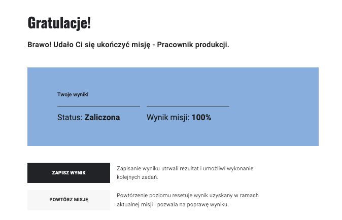 Ilustracja przedstawia ekran końcowy gry edukacyjnej z gratulacjami otrzymania wysokiego wyniku. 