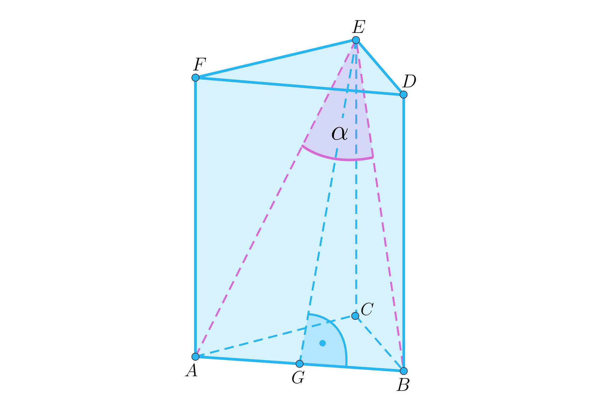 Ilustracja przedstawia graniastosłup A B C D E F o podstawie trójkąta. Zaznaczono kąt między przekątnymi ścian bocznych. 