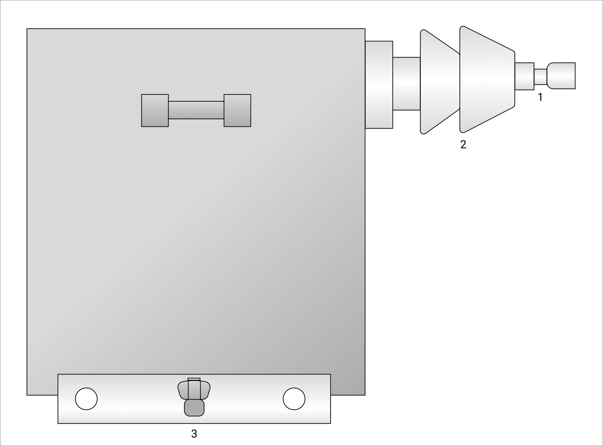 Grafika przedstawia schemat ochronnika kondensatorowego. Na schemacie widać prostokąt – symbolizujący puszkę okładzin, poniżej którego znajduje się szyna odpowiadająca za uszynienie. Od górnego prawego rogu prostokąta poziomo odchodzi cylinder z dwoma ściętymi stożkami ustawionymi jeden na drugim.