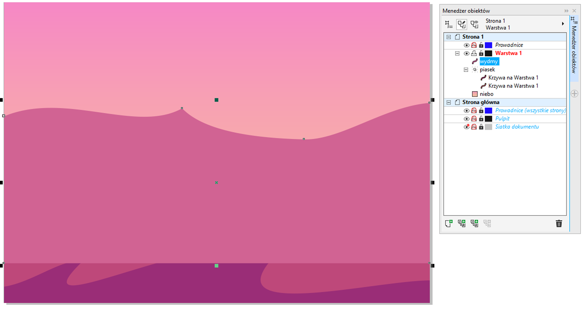 Zdjęcie przedstawia "Menedżer obiektów" po prawej stronie: okno po prawej: "Strona 1" (rozwinięte):   "Prowadnice",   na czerwono "Warstwa 1" (rozwinięte):     "wydmy" (oznaczono),     "pasek" (rozwinięte)       "Krzywa na Warstwa 1" (oznaczona),       "Krzywa na Warstwa 1" (oznaczona),       (koniec menu "pasek"),     "niebo";     (koniec menu "Warstwa 1"),   (koniec menu "Prowadnice"), (koniec menu "Strona 1") "Strona główna" (rozwinięte):   "Prowadnice (wszystkie strony)",   "Pulpit",   "Siatka dokumentu", (koniec menu "Strona główna"). Gradient kolorów od pomarańczowego do różowego, idący od dołu ku górze w tle. Na gradiencie ułożono kształty:   1 kształt jest ciemniejszy przypomina opadające fale morskie,   2 kształt jest lekko jaśniejszy, lecz nadal ciemniejszy od tła,     jest to prosta linia na górze, która wznosi się do pojedynczego wierzchołka znajdującego się po środku ekranu, następnie opada tak samo jak wzrostła.   3 kształt to wielki falujący górną krawędzią obszar,     którego dolne krawędzie to 3 ścianki prostokąta.     Obszar umieszono nad poprzednimi.