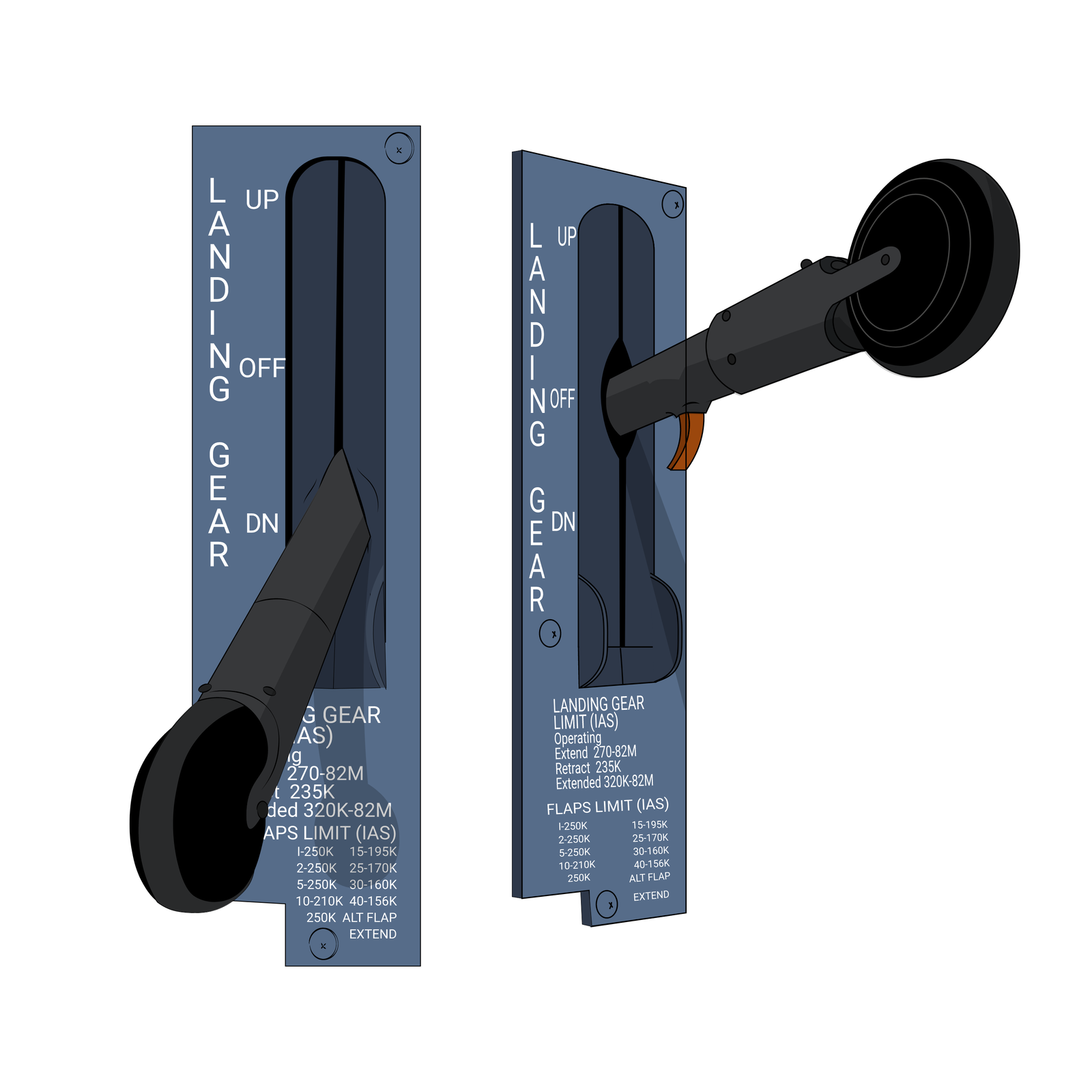 Na zdjęciu możemy dostrzec dwie identyczne dźwignie podwozia oraz kierownicę, która kontroluje przednie koło. Na końcu każdej dźwigni jest przymocowany krążek, przy czym sama dźwignia jest osadzona wewnątrz obudowy. Wokół każdego drążka znajduje się uszczelnienie, które biegnie wzdłuż obudowy. Dźwignia po lewej stronie jest w pozycji "DN" oznaczającej wypuszczoną, podczas gdy dźwignia po prawej stronie znajduje się w pozycji "OFF", czyli zablokowanej.