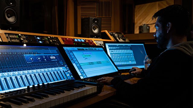 Na zdjęciu znajduje się słabo oświetlone pomieszczenie studia muzycznego. Po prawej stronie zdjęcia siedzi mężczyzna, który pracuje przy konsoli do edycji dźwięku. Po lewej stronie znajduje się klawiatura kontrolera midi i trzy ekrany komputera, na których wyświetlają się różne okna aplikacji do edycji dźwięku.