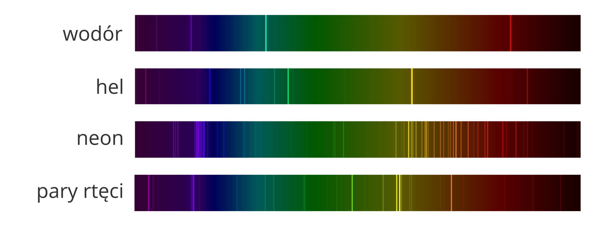Ilustracja przedstawia widma czterech gazów. Widma mają kształt poziomych długich prostokątów. Szerokość to około piętnaście milimetrów. Długość około piętnaście centymetrów. Każde widmo ma powierzchnię pokrytą tęczowymi barwami. Lewy i prawy koniec widma to kolor czarny. W dalszej części widma kolory zmieniają się. Na lewo niebieski, przechodzi w zielony. Zielony przechodzi w bordowy i ponownie czarny. Linie widmowe ułożone są poziomo jedna nad druga. Górna linia widmowa to wodór. W środkowej części widma przeważa kolor zielony. Poniżej drugi prostokąt. To widmo helu. Lewa strona to kolor niebieski. W środku nieco zielone i prawa strona to bordo i czarny. W prawej części żółta pionowa linia. Szerokość około jeden milimetr. Trzecie widmo poniżej to neon. Lewa strona widma to kolor niebieski. W środkowej części niebieskiej liczne fioletowe pionowe linie skupione na szerokości pięciu milimetrów. Na prawo od części zielonej liczne żółte pionowe linie. Na powierzchni bordowej liczne czerwone linie. Czwarte widmo na dole to pary rtęci. Lewa część widma to kolor niebieski. Nieliczne pionowe fioletowe linie. Na prawo zielona barwa. Na końcu zielonej powierzchni liczne żółte pionowe linie. Na bordowej powierzchni jedna pomarańczowa pionowa linia.