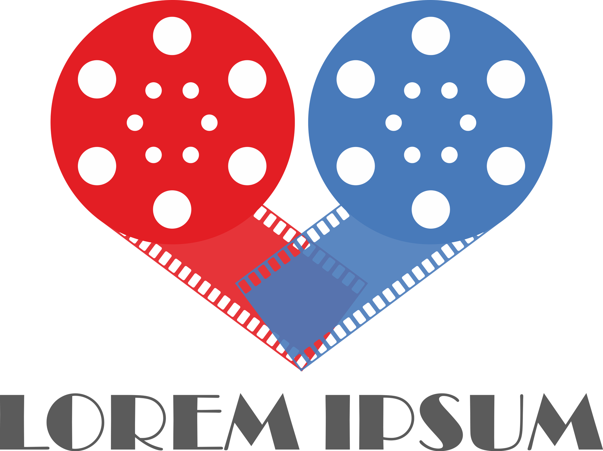 Ilustracja przedstawia serce stworzone z dwóch taśm filmowych w kolorze: czerwonym oraz niebieskim. Poniżej serca znajduje się przykładowy napis Lorem ipsum.