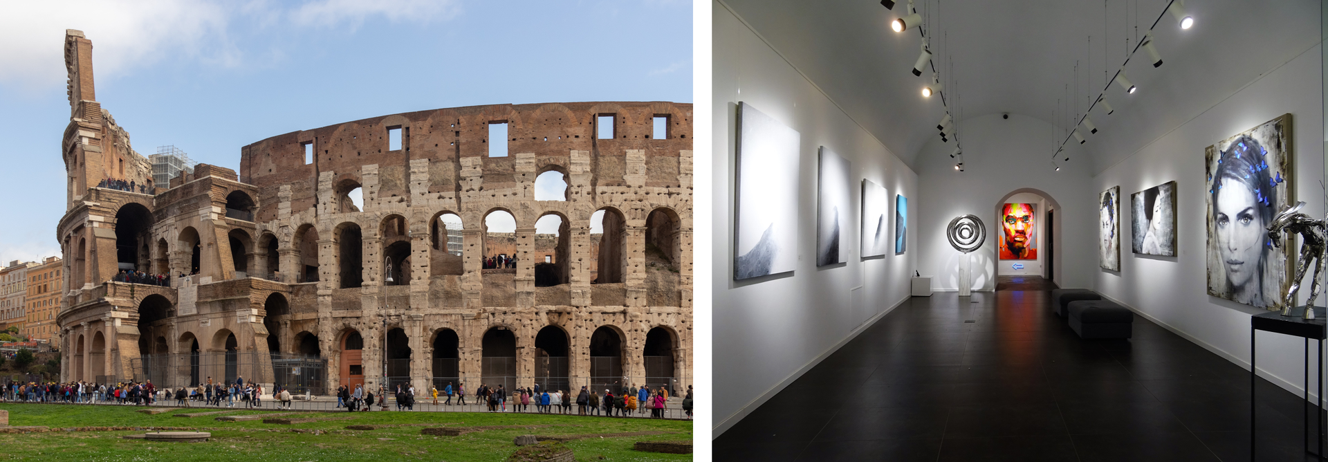 Ilustracja składa się z dwóch zdjęć. Na zdjęciu po lewej widoczne jest Koloseum w Rzymie. Na zdjęciu po prawej widoczna jest sala, w której odbywa się wystawa obrazów. Na ścianach wiszą obrazy. Na suficie znajdują się lampy oświetlające te obrazy. Sala jest pusta, nie ma w niej ludzi.