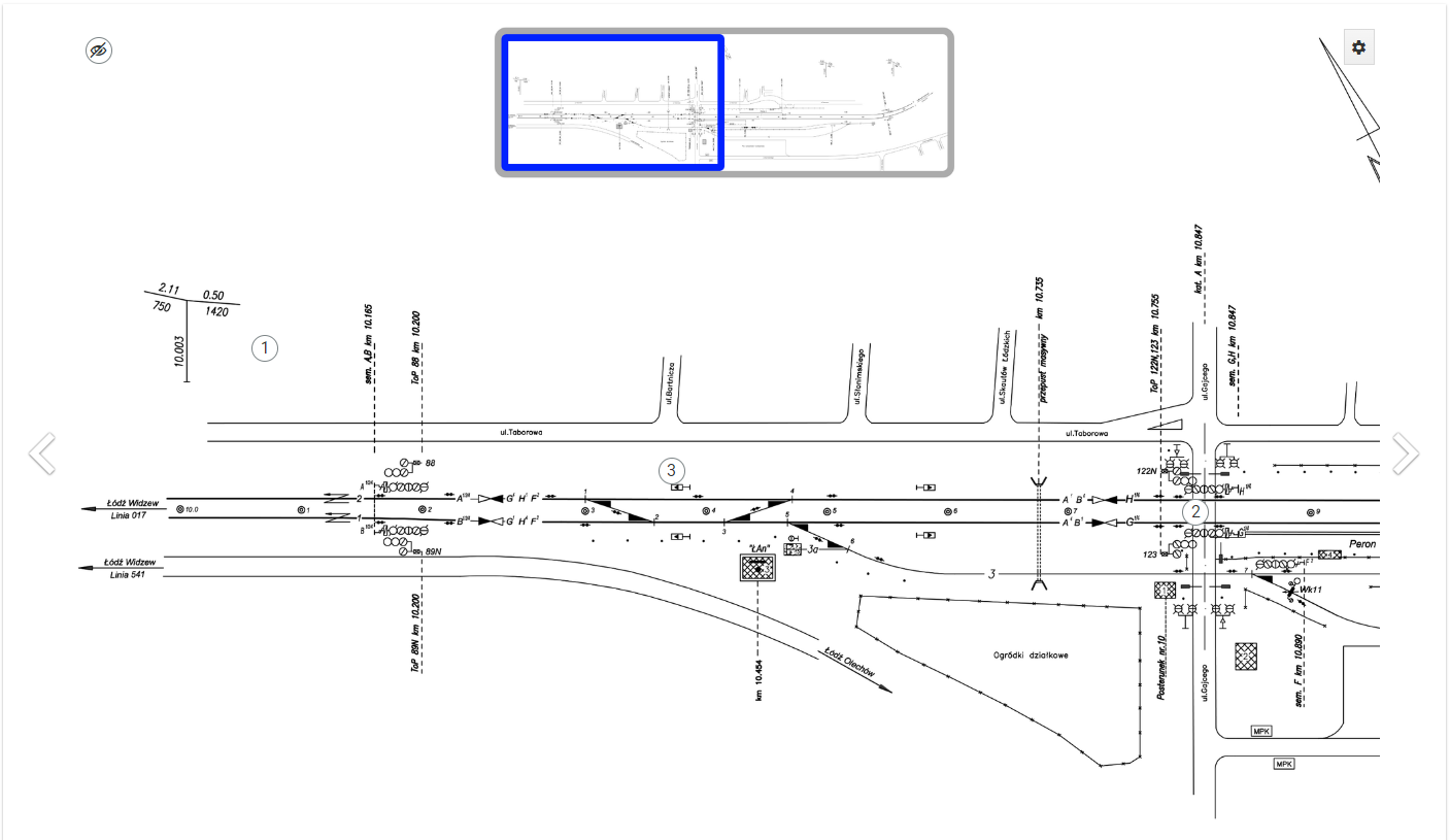Ilustracja przedstawia przykładowy widok wraz z dwoma miniaturami planu schematycznego jest to plan schematyczny posterunek odgałęźny Łódź Andrzejów.