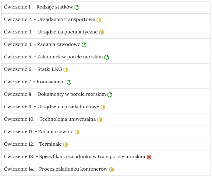 Zdjęcie przedstawia przykładowy wygląd zakładek zawierających interaktywne materiały sprawdzające. Składają się one z prostokątnych paneli umieszczonych jeden pod drugim. Każdy panel posiada numer oraz tytuł, który nawiązuje do zawartego w nim zadania.