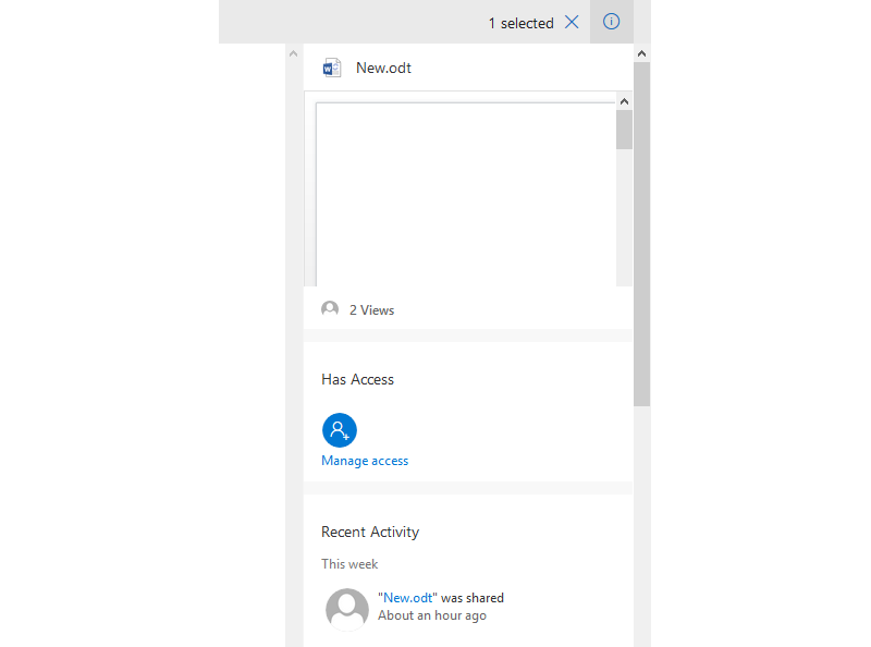 Zrzut ekranu przedstawia okno szczegółów dokumentu Office 365 / OneDrive. Od góry nazwa dokumentu (w przykładzie New.odt). Poniżej okno podglądu dokumentu. Niżej liczba wejść w dokument (w przykładzie 2 views). Poniżej sekcja 'Has Access', okrągła ikona z postacią ze znakiem plus podpisana Manage access. Na dole sekcja 'Recent Activity'. Napis This week, poniżej ikona z postać obok niej napis "New.odt" was shared Abut an hour ago.