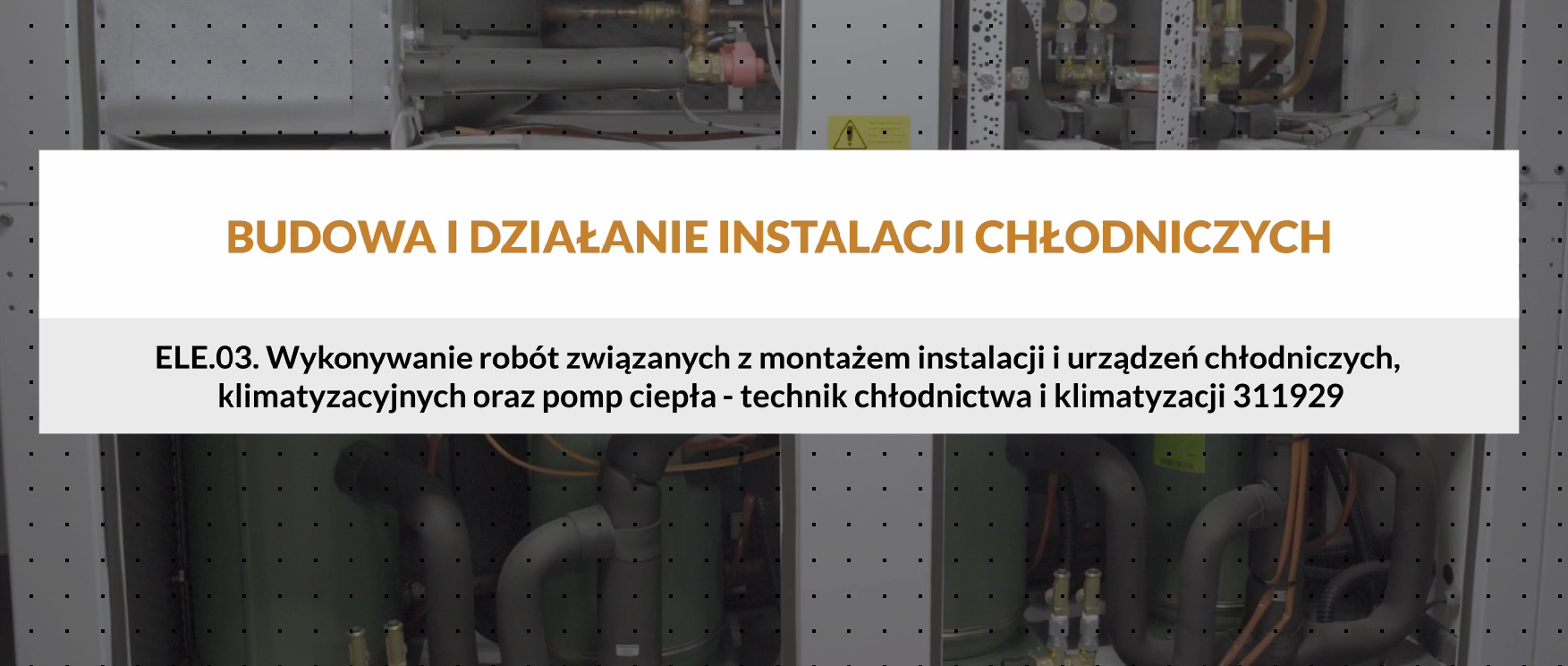 Ilustracja przedstawia wygląd startowy ekranu filmu. Pośrodku znajduje się plansza z tytułem: Budowa i działanie instalacji chłodnicznych. Na dole znajeduje się pasek odtwarzania, widoczne są ikony głośnika, uruchamiania napisów, zmiany jakości wyświetlanego materiału, szybkości odtwarzania oraz włączenie lub wyłączenie trybu pełnoekranowego.
