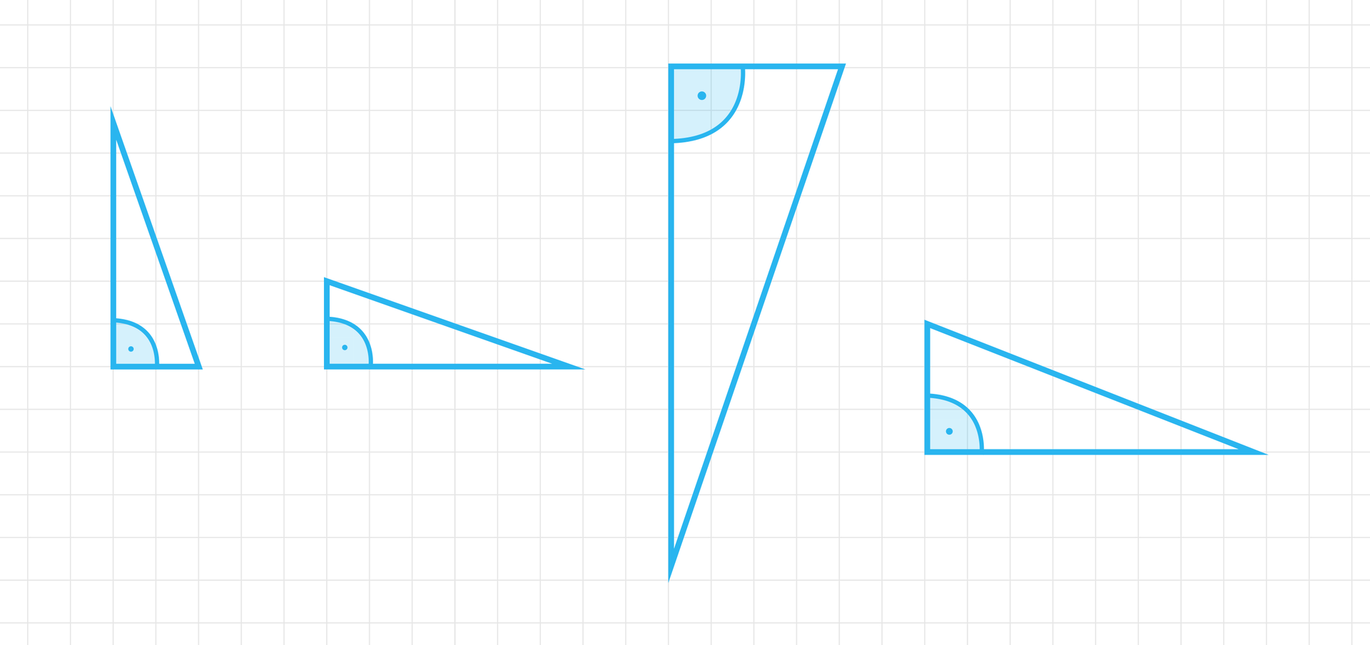 Ilustracja przedstawia cztery różne trójkąty prostokątne w różnym położeniu. W każdym trójkącie oznaczono kąt prosty.