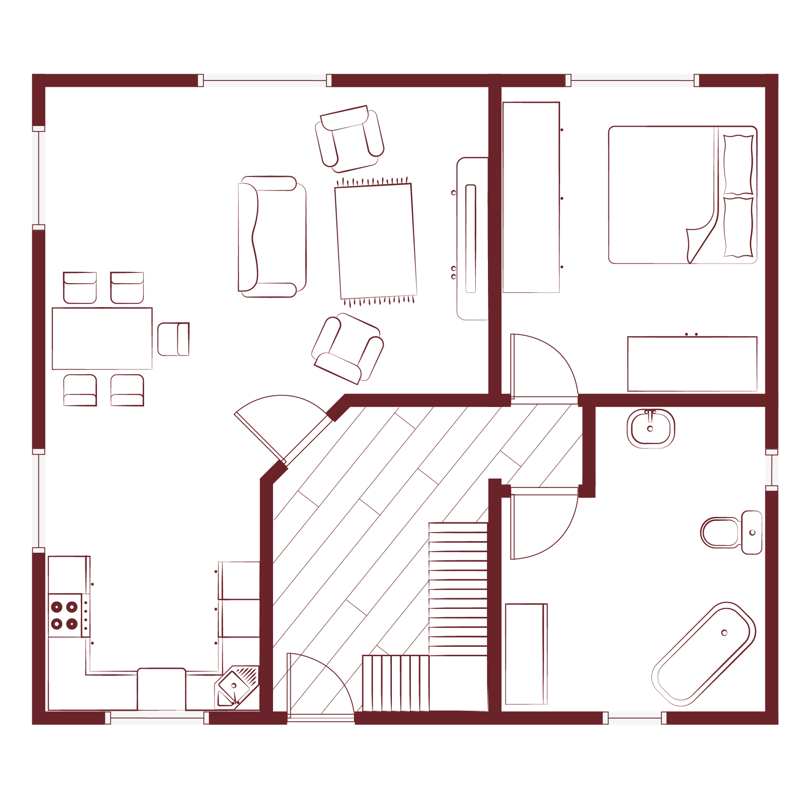 Grafika przedstawia plan domu lub mieszkania. W górnym lewym rogu znajduje się największe pomieszczenie, salon z jadalnią. Obok salonu i jadalni jest otwarta kuchnia znajdująca się w lewym dolnym rogu. Na prawo od kuchni jest przedpokój, od którego są drzwi do wszystkich pomieszczeń w domu. Na prawo od przedpokoju, w prawym dolnym rogu jest łazienka, z wanną, ubikacją i umywalką. W głębi domu, w prawym górnym rogu jest sypialnia. 