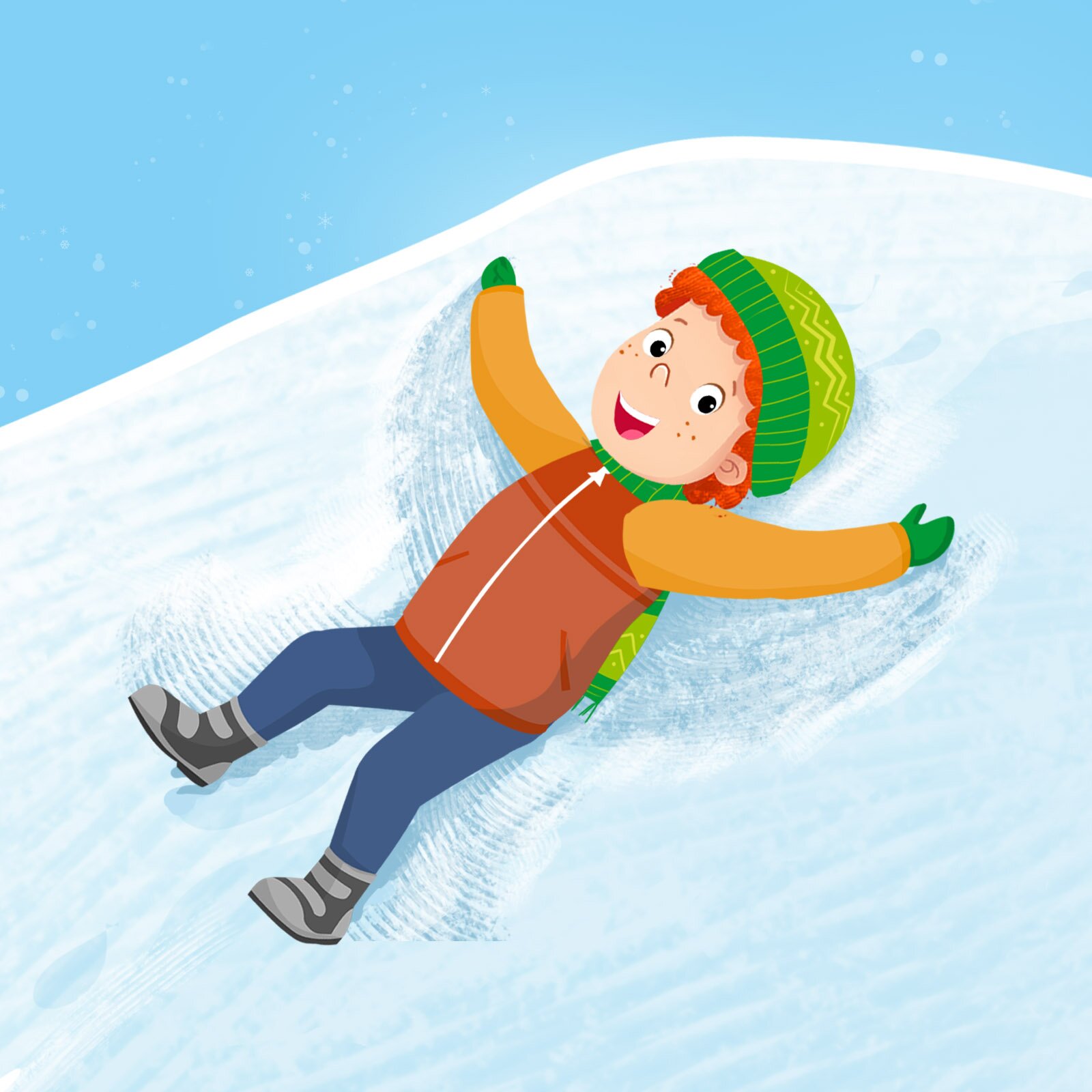 Ilustracja przedstawia chłopca robiącego anioła w  śniegu.