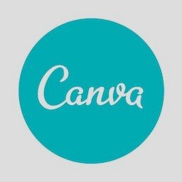 Na zdjęciu przedstawione jest logo bezpłatnego programu graficznego Canva. Napis „Canva" umieszczony został w środku barwnego koła w chłodnym kolorze, leżącego na neutralnym tle w formie kwadratu.